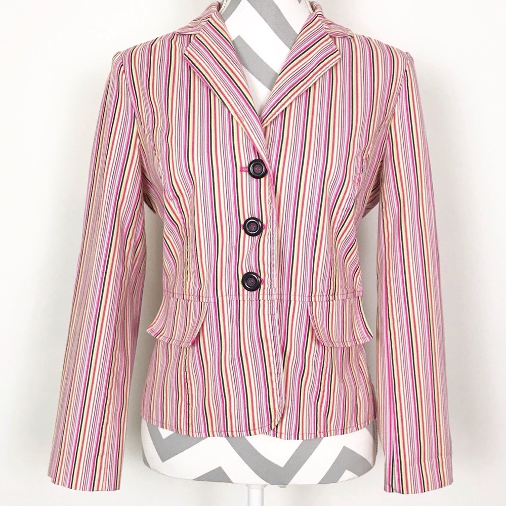 Vintage 90s Blazer Jacket Striped Fitted 3 Button Pink Blue Green White Cotton